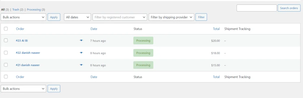 WooCommerce Orders Page