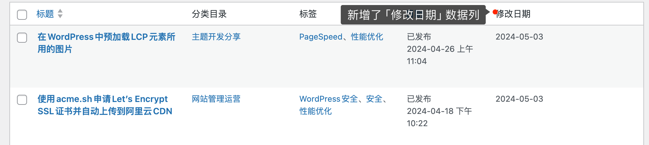 Admin table showing the new Modified Date column