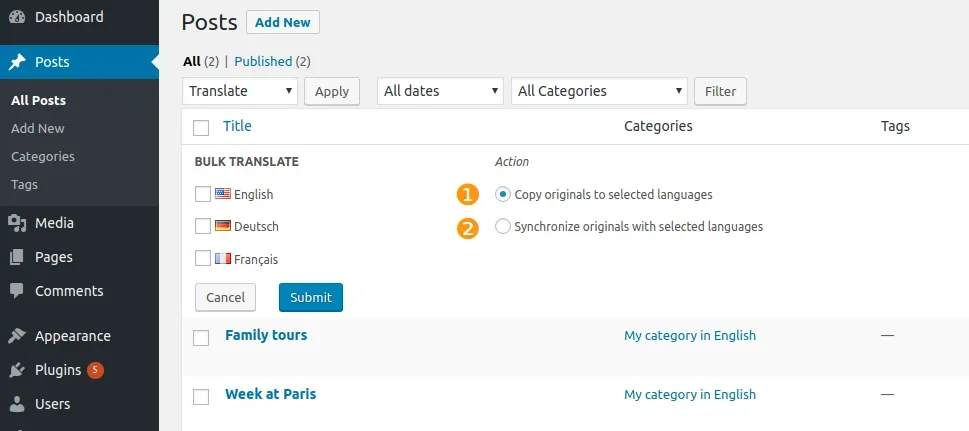 Polylang Bulk Translate Options