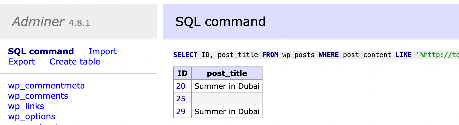 SQL search results in database