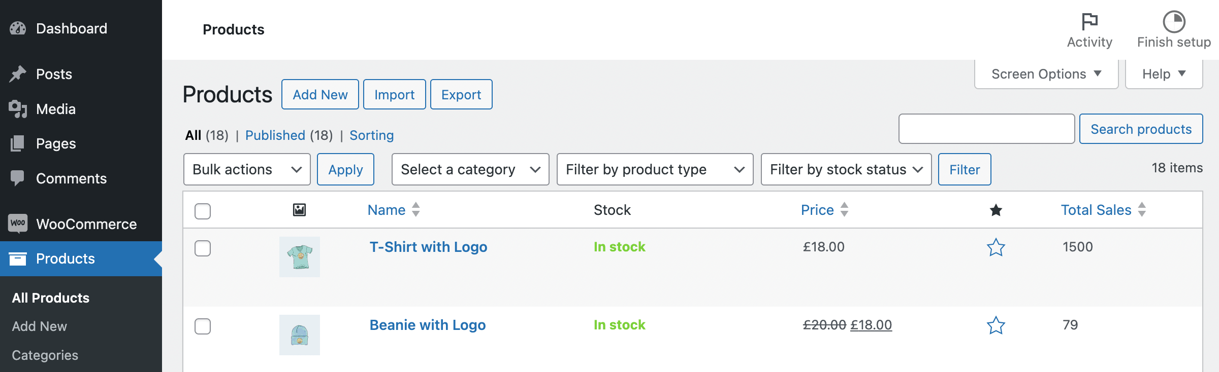 Sortable total sales column