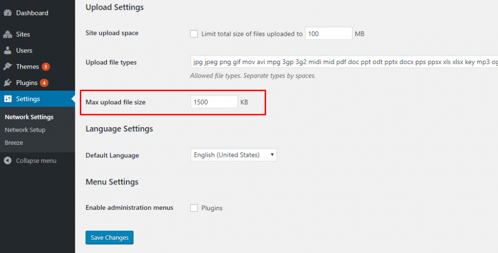 WordPress multisite upload size setting