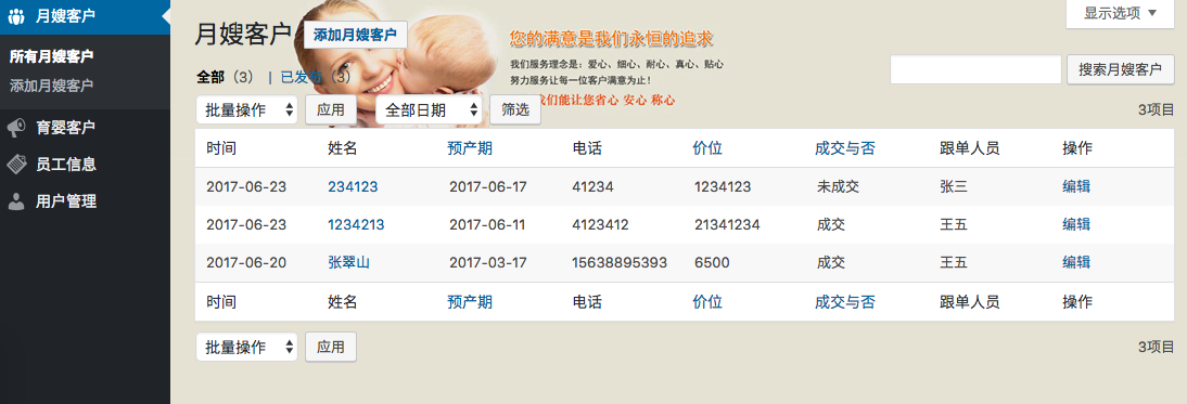CRM data types modeled in WordPress